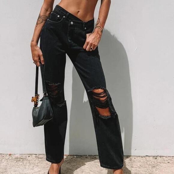 Princess Polly Holly Asymmetrical Black Ripped Straight Leg Jeans - Picture 1 of 10